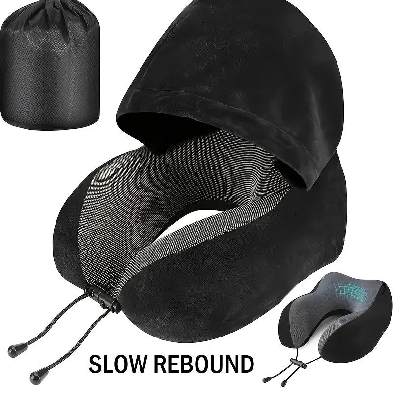 Black Hoodie Travel Neck Pillow – Ergonomic Sleep Solution