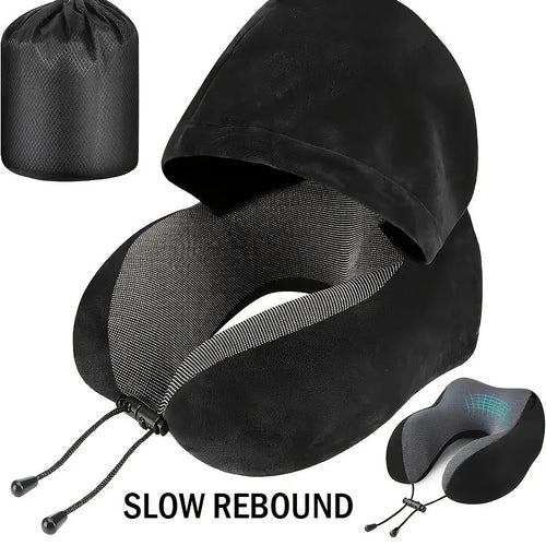 Black Hoodie Travel Neck Pillow – Ergonomic Sleep Solution