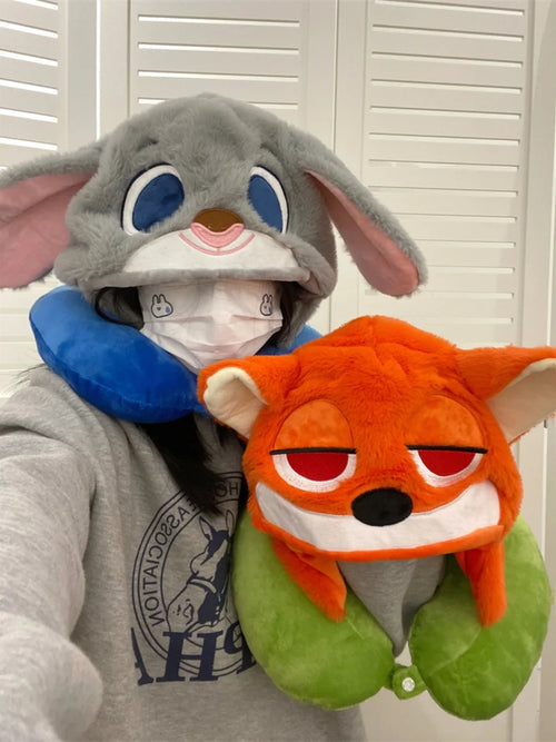 Bunny Travel Neck Pillow with Hoodie – Adorable Sleep Companion