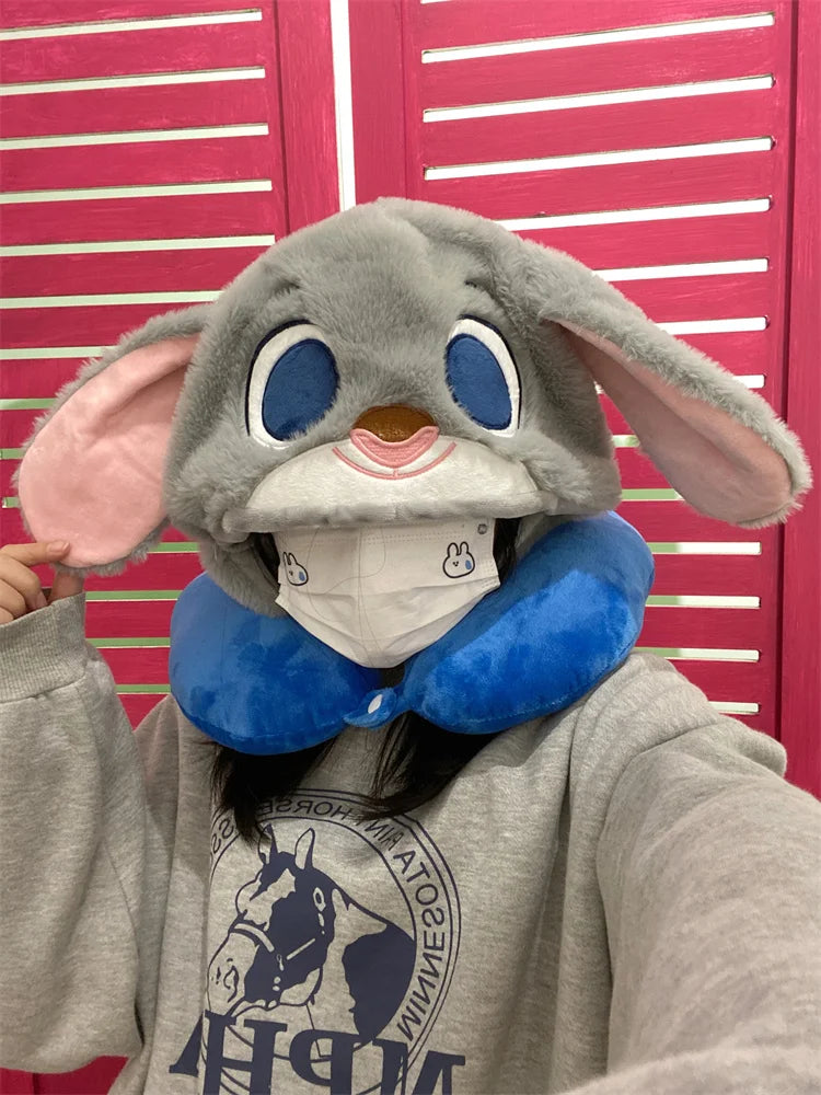 Bunny Travel Neck Pillow with Hoodie – Adorable Sleep Companion